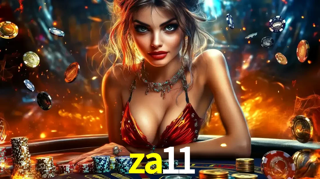 Mulher em uma mesa de cassino com pilhas de fichas e um fundo de fogo, pronta para uma rodada de altas apostas nos jogos de mesa emocionantes do cassino za11.