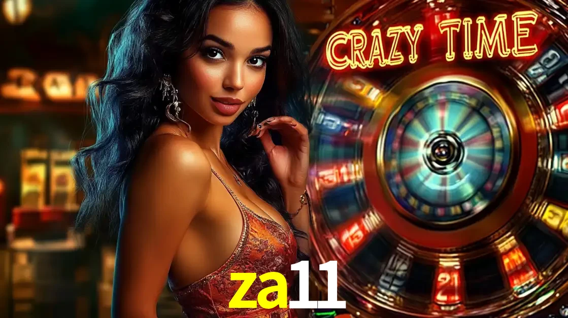 Mulher elegante ao lado da vibrante roda da fortuna do jogo de cassino ao vivo Crazy Time, um dos game shows mais populares e cheios de prêmios do za11.