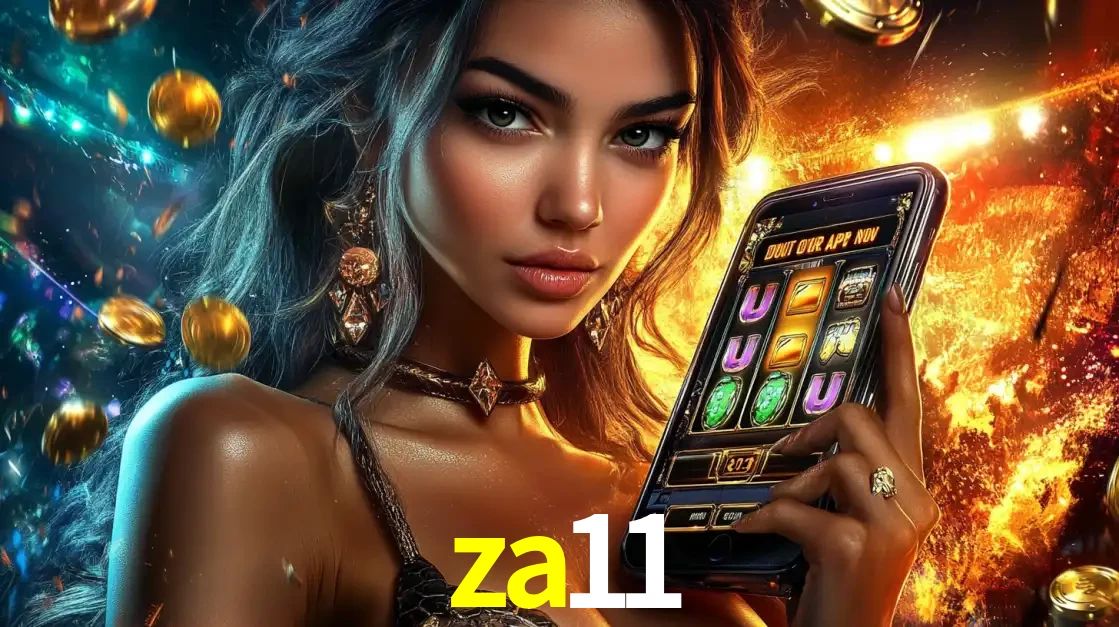 Mulher elegante mostrando um jogo de caça-níqueis em seu smartphone, destacando a experiência de cassino móvel oferecida pelo aplicativo za11.