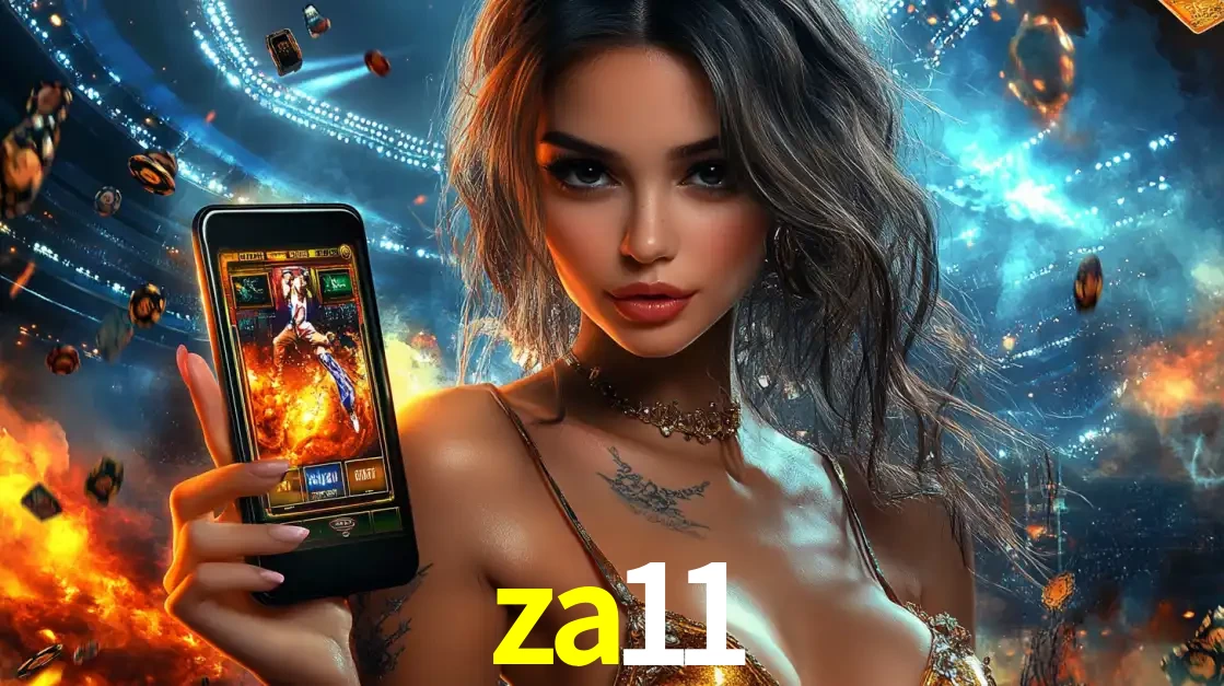 Mulher segurando um celular com um jogo de slot em destaque, tendo como fundo um estádio vibrante, simbolizando a emoção de jogar no cassino móvel za11.