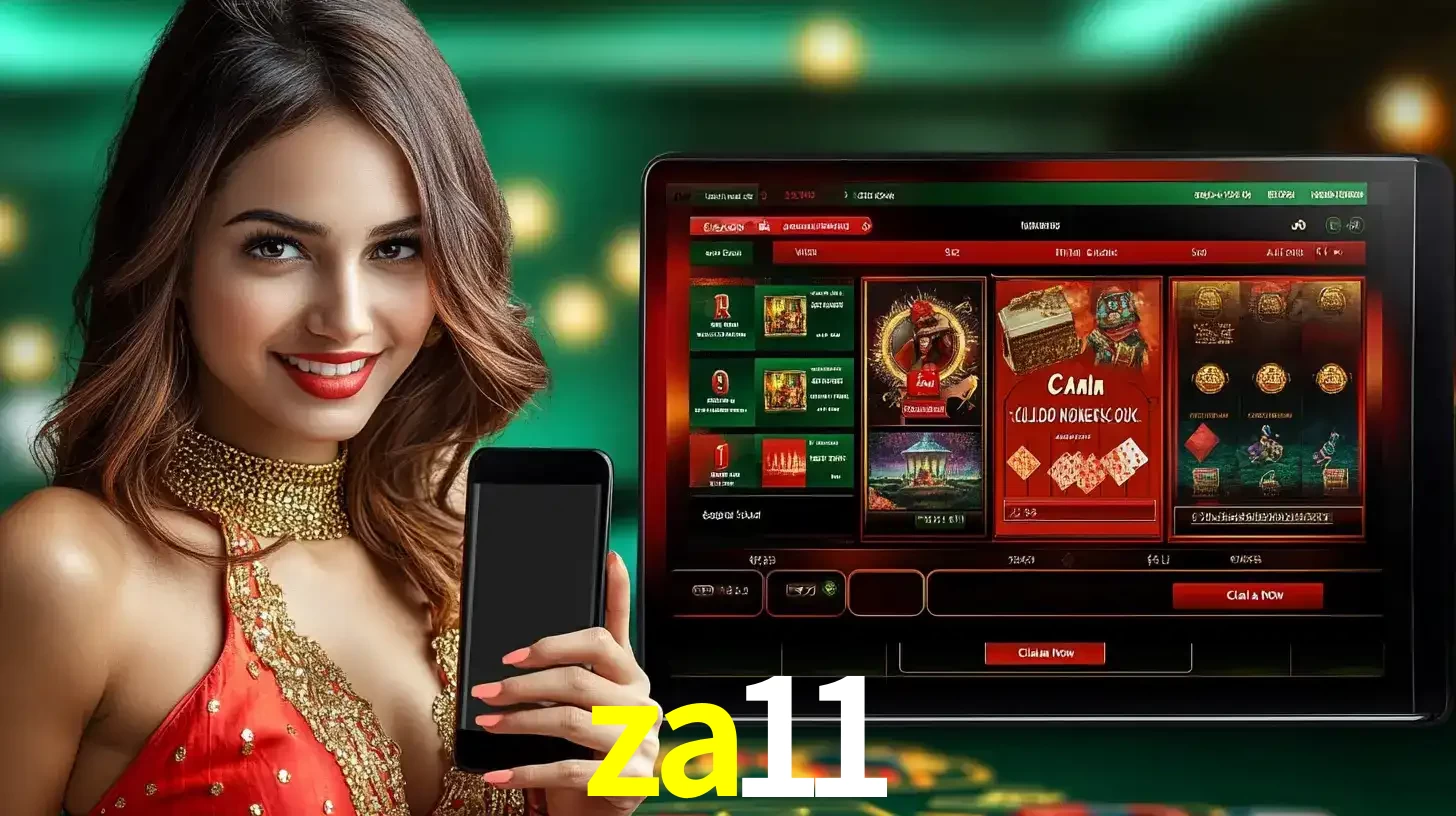 Mulher sorridente segurando um smartphone, ao lado de uma tela exibindo o lobby de jogos do cassino online za11, com várias opções de jogos de cartas e slots.